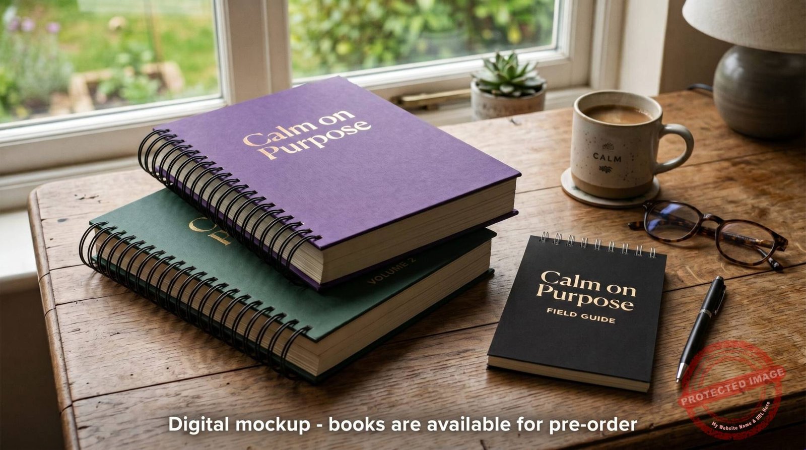 The three Chaos to Calm Compendium books — Volume 1 in plum, Volume 2 in forest green, and the Field Guide in black — resting on a wooden desk near a window, with a pen, glasses, and a mug nearby.